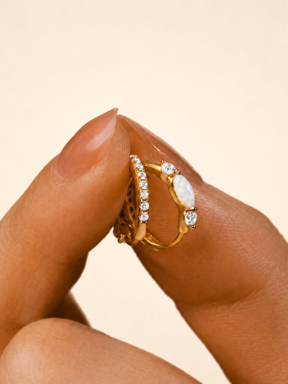 Dainty Opal & CZ Huggie Hoop Earrings - Gold-Plated
